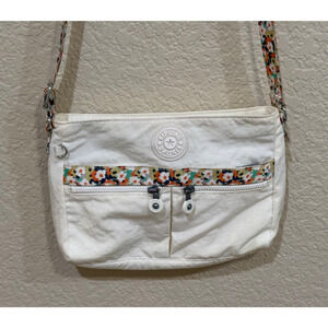 Kipling White Angie Floral Crossbody Strap Nylon Purse Bag Daisy Zip Pockets